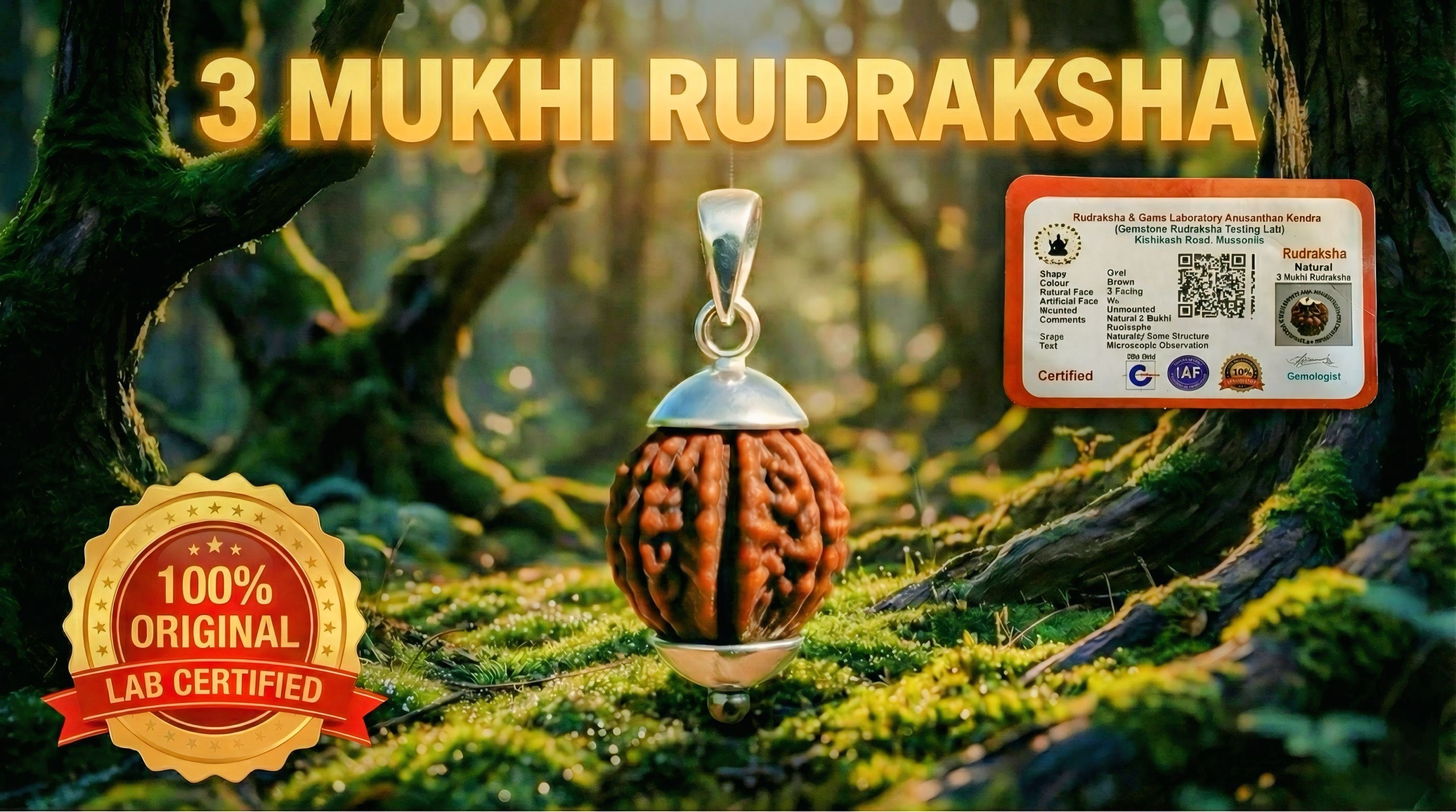 3 Mukhi Lab Certified Original  Rudraksha | Premium Natural Silver Capped Bead | Energized & Vedic Activated | Rudraksha for Confidence, Willpower, Emotional Healing & Stress Relief | For Men & Women
